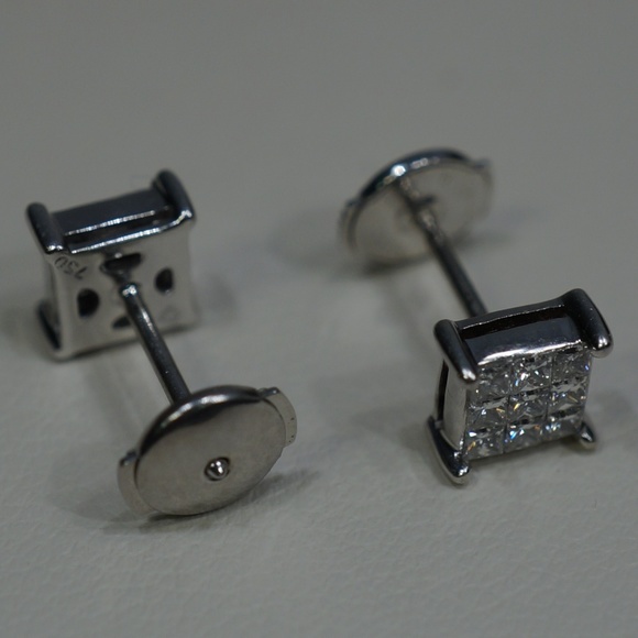 18KW Gold Invisible set Princess Diamond Earrings - Picture 4 of 7